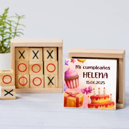 Juego 3 en raya personalizado con pegatina "Tarta" Detalles invitados cumpleaños - Juegos personalizados de cumpleaños