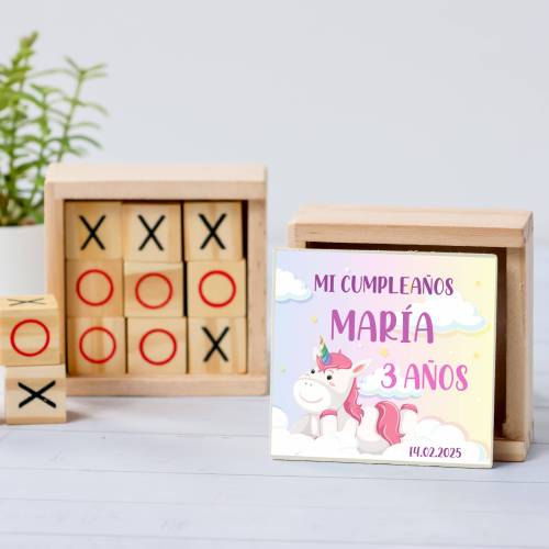 Juego 3 en raya personalizado con pegatina "Unicornio" Detalles invitados cumpleaños - Juegos personalizados de cumpleaños