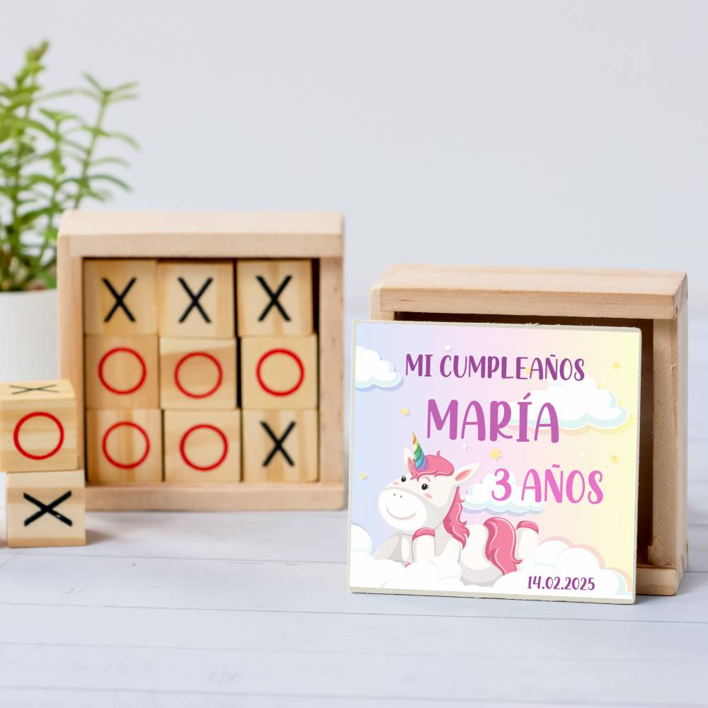 Juego 3 en raya personalizado con pegatina "Unicornio" Detalles invitados cumpleaños - Juegos personalizados de cumpleaños