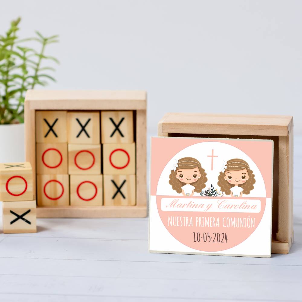 Juego 3 en raya personalizado con pegatina "Gemelas" Detalles invitados comunión - Juegos personalizados de comunión