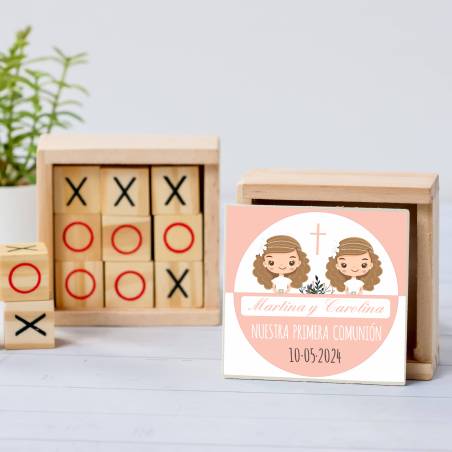 Juego 3 en raya personalizado con pegatina "Gemelas" Detalles invitados comunión - Juegos personalizados de comunión