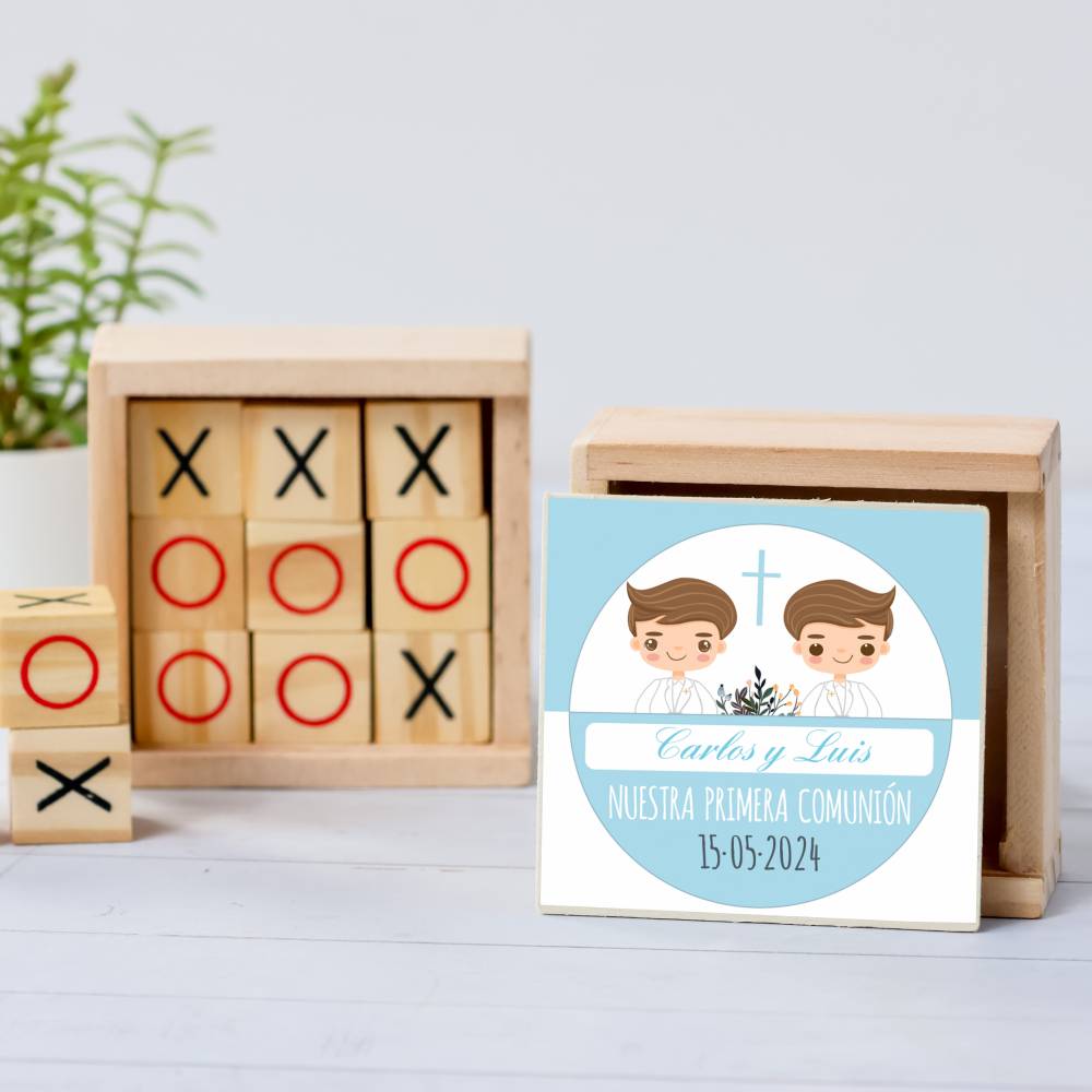 Juego 3 en raya personalizado con pegatina "Gemelos" Detalles invitados comunión - Juegos personalizados de comunión