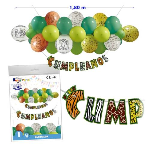 Guirnalda Feliz Cumpleaños Temática Safari, 1,8 m, Decoración de Fiesta con Globos - Inicio