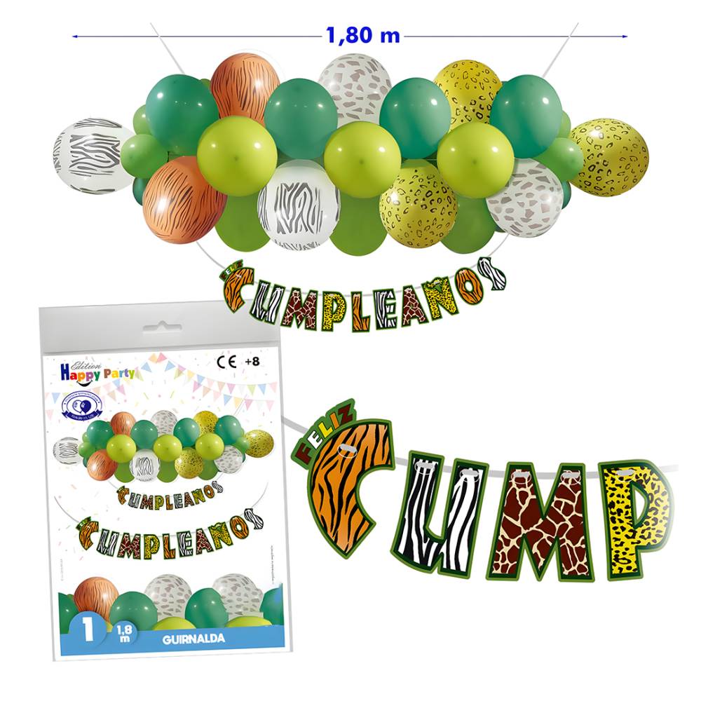 Guirnalda Feliz Cumpleaños Temática Safari, 1,8 m, Decoración de Fiesta con Globos - Inicio