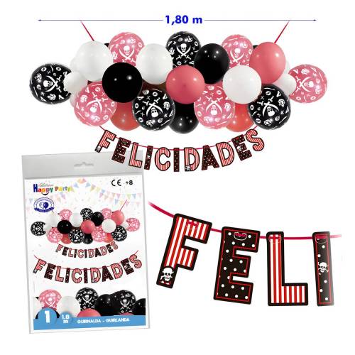 Guirnalda Felicidades Fiesta Pirata, 1,8 m, Decoración con Globos - Decoración Cumpleaños