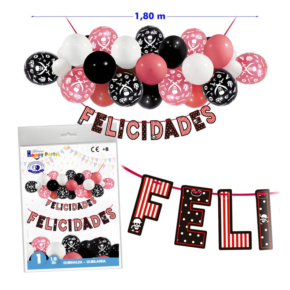 Guirnalda Felicidades Fiesta Pirata, 1,8 m, Decoración con Globos - Decoración Cumpleaños