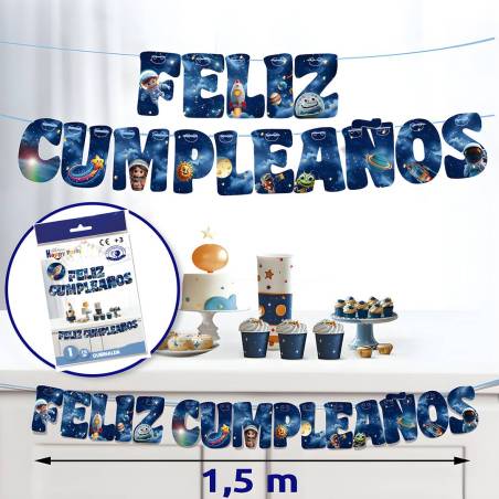Guirnalda Feliz Cumpleaños Espacial, Diseño Galaxia con Astronautas y Planetas - Decoración Cumpleaños