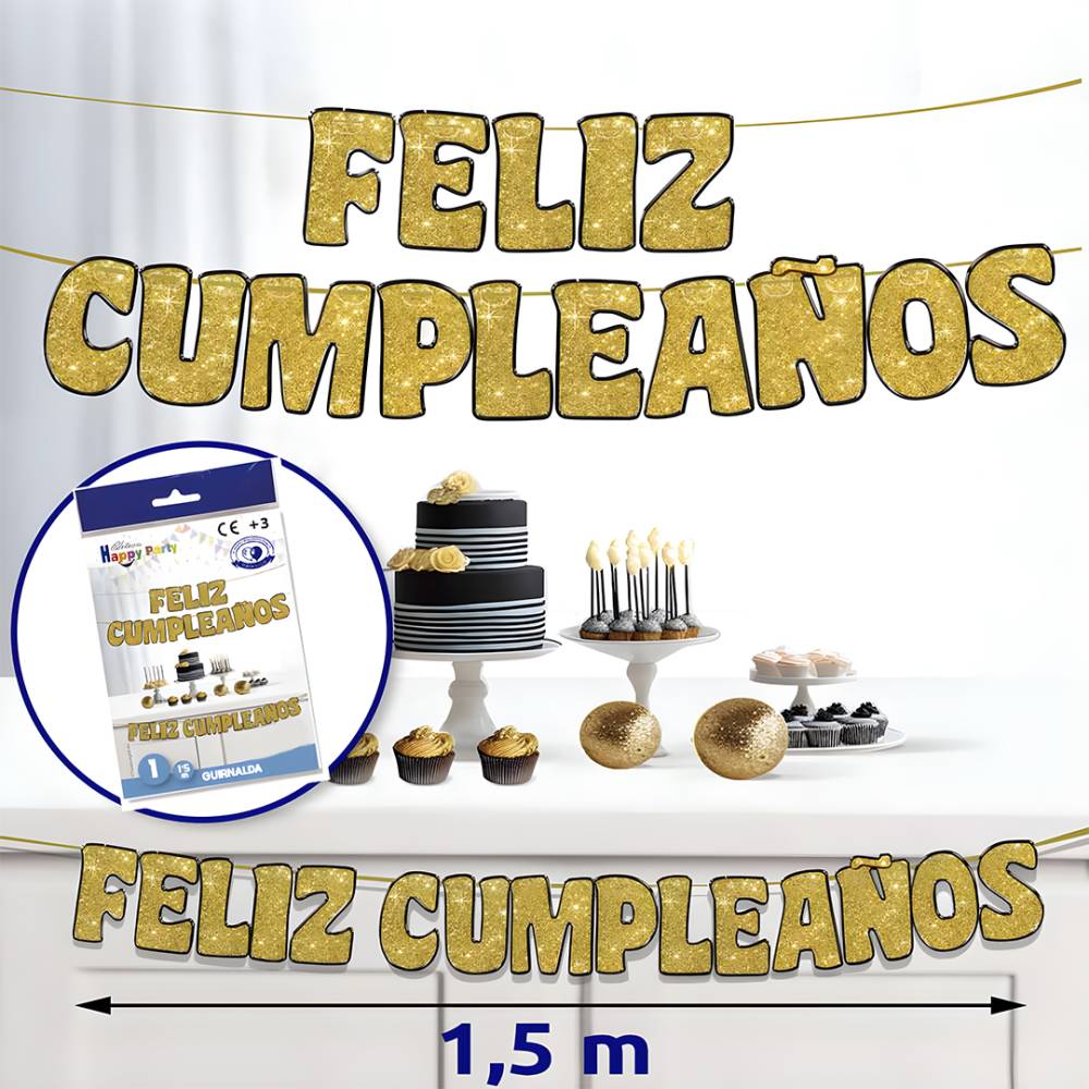 Guirnalda Feliz Cumpleaños Dorada ORO - Decoración Cumpleaños