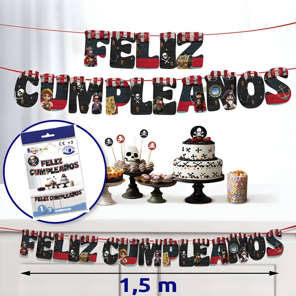 Guirnalda Feliz Cumpleaños Piratas - Decoración Cumpleaños