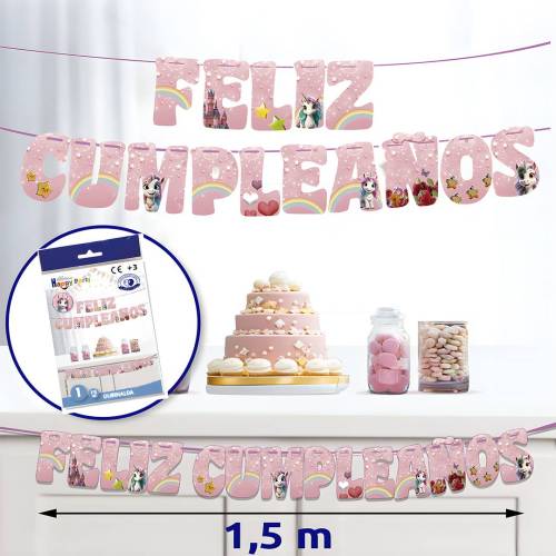 Guirnalda Feliz Cumpleaños Unicornio Rosa - Decoración Cumpleaños