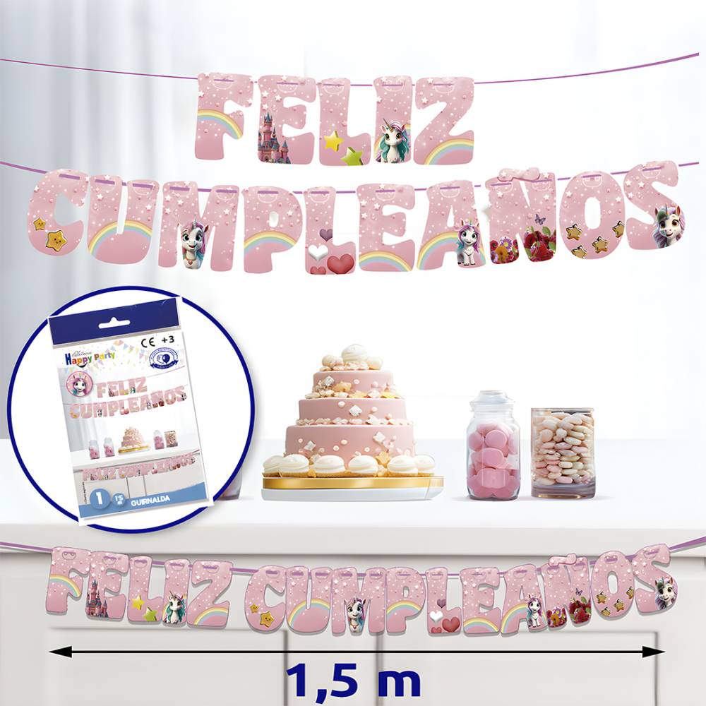 Guirnalda Feliz Cumpleaños Unicornio Rosa - Decoración Cumpleaños