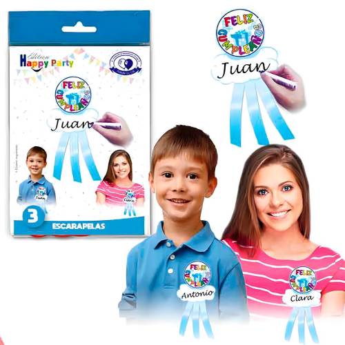 Pack de 3 Escarapelas de Cumpleaños con Cintas Azules - Decoración Cumpleaños