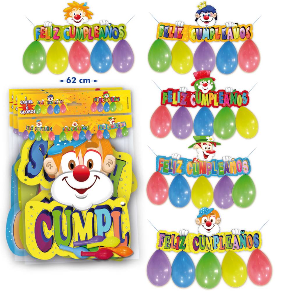 Cartel Feliz Cumpleaños con Globos y Payasos - Decoración Cumpleaños