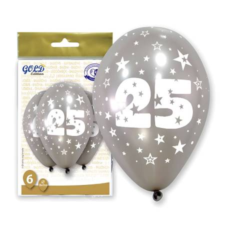 Pack de 6 Globos 25 Aniversario Plateados - Decoración de Boda