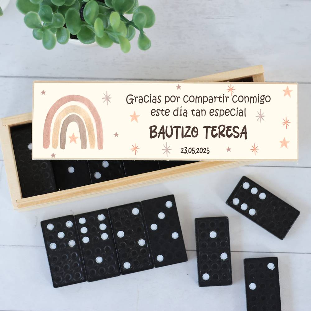 Dominó personalizado con pegatina "Arcoiris" Detalles de bautizo - Juegos personalizados de bautizo