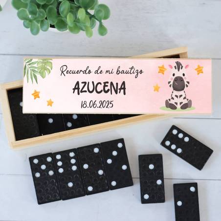 Dominó personalizado con pegatina "Cebra" Detalles de bautizo - Juegos personalizados de bautizo