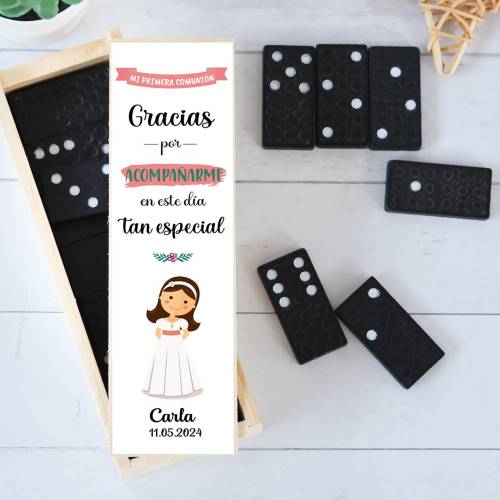 Dominó personalizado con pegatina "Muñeca" Detalles de comunión - Juegos personalizados de comunión