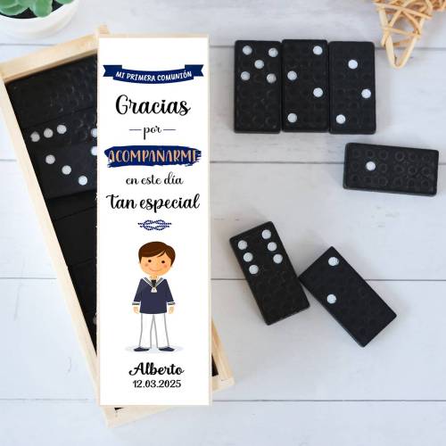 Dominó personalizado con pegatina "Muñeco" Detalles de comunión - Juegos personalizados de comunión