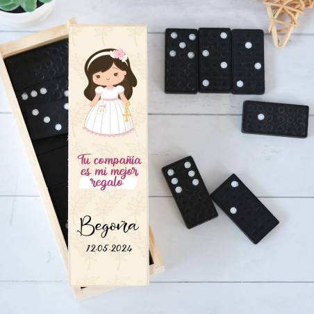 Dominó personalizado con pegatina "Niña beige" Detalles de comunión - Juegos personalizados de comunión