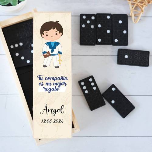 Dominó personalizado con pegatina "Niño beige" Detalles de comunión - Juegos personalizados de comunión