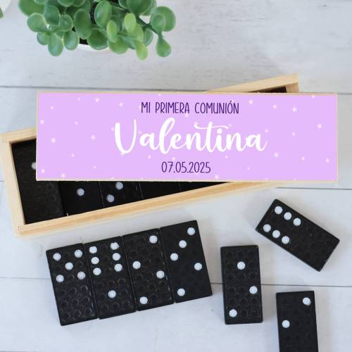 Dominó personalizado con pegatina "Morado" Detalles de comunión - Juegos personalizados de comunión