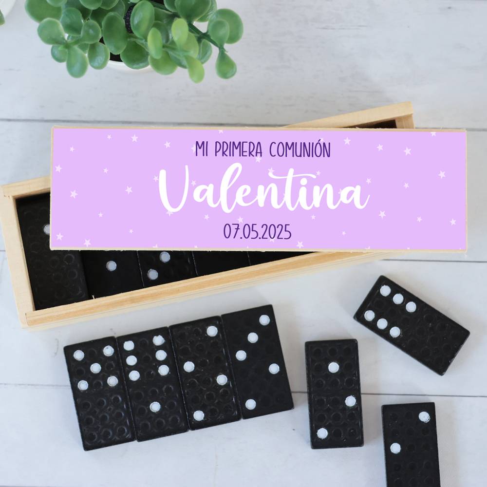 Dominó personalizado con pegatina "Morado" Detalles de comunión - Juegos personalizados de comunión