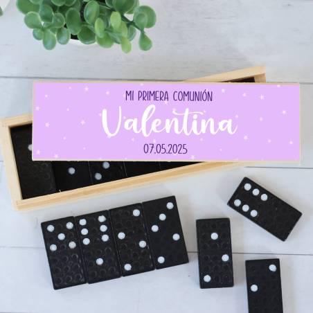 Dominó personalizado con pegatina "Morado" Detalles de comunión - Juegos personalizados de comunión