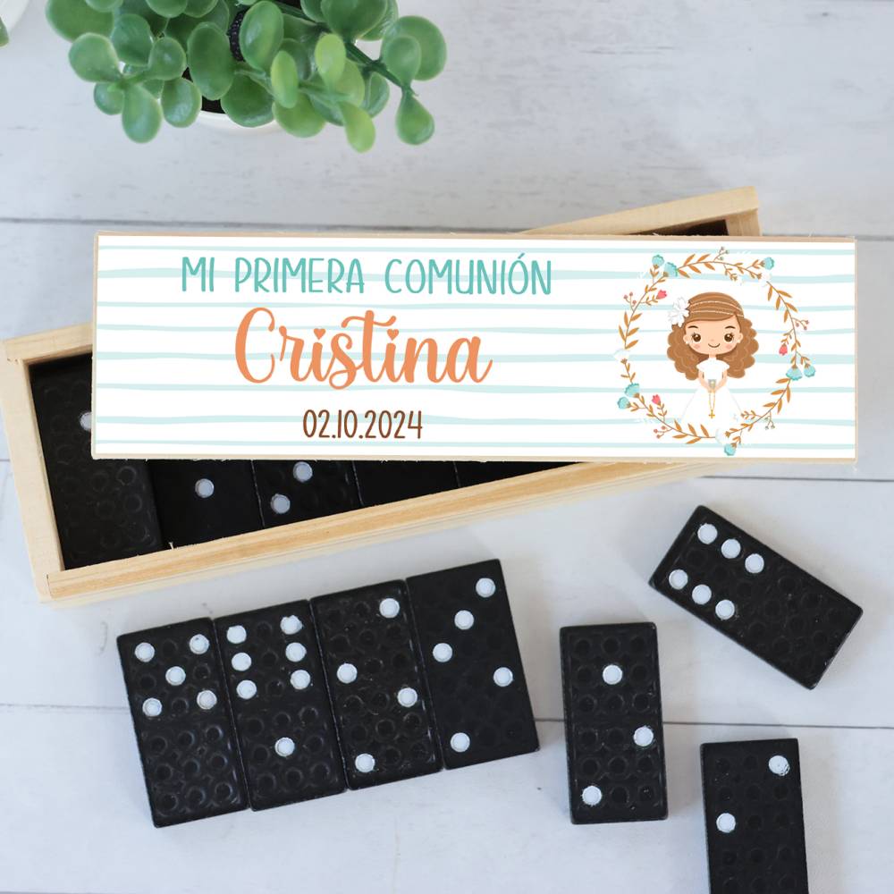 Dominó personalizado con pegatina "Cristina" Detalles de comunión - Juegos personalizados de comunión