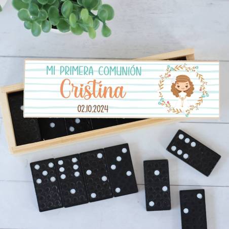 Dominó personalizado con pegatina "Cristina" Detalles de comunión - Juegos personalizados de comunión