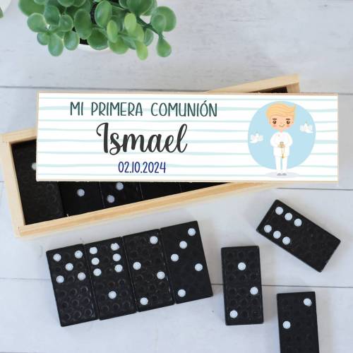 Dominó personalizado con pegatina "Niño Rubio" Detalles de comunión - Juegos personalizados de comunión
