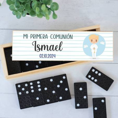 Dominó personalizado con pegatina "Niño Rubio" Detalles de comunión - Juegos personalizados de comunión