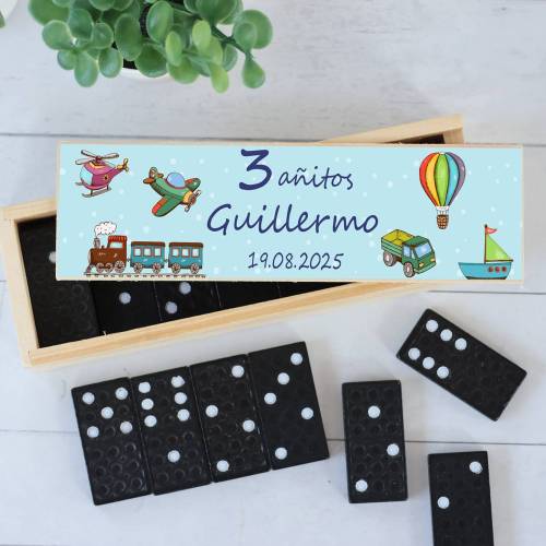 Dominó personalizado con pegatina "Transportes" Detalles de cumpleaños - Juegos personalizados de cumpleaños