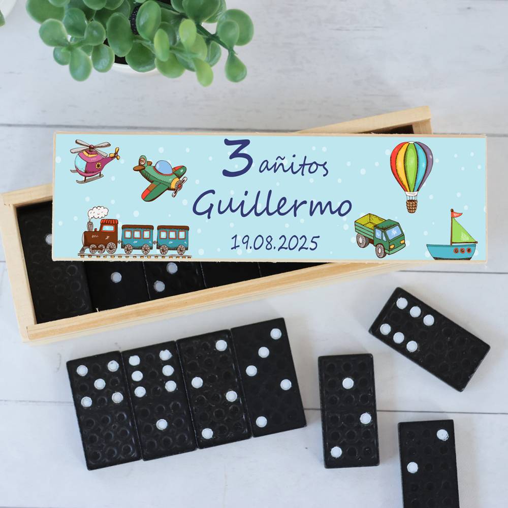 Dominó personalizado con pegatina "Transportes" Detalles de cumpleaños - Juegos personalizados de cumpleaños