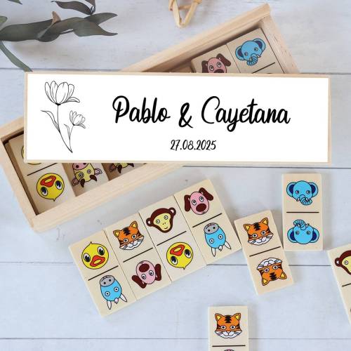 Dominó de animales personalizado con pegatina "Amapola" Detalles de boda - Juegos personalizados de boda