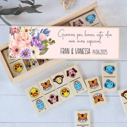 Dominó de animales personalizado con pegatina "Flores" Detalles de boda - Juegos personalizados de boda