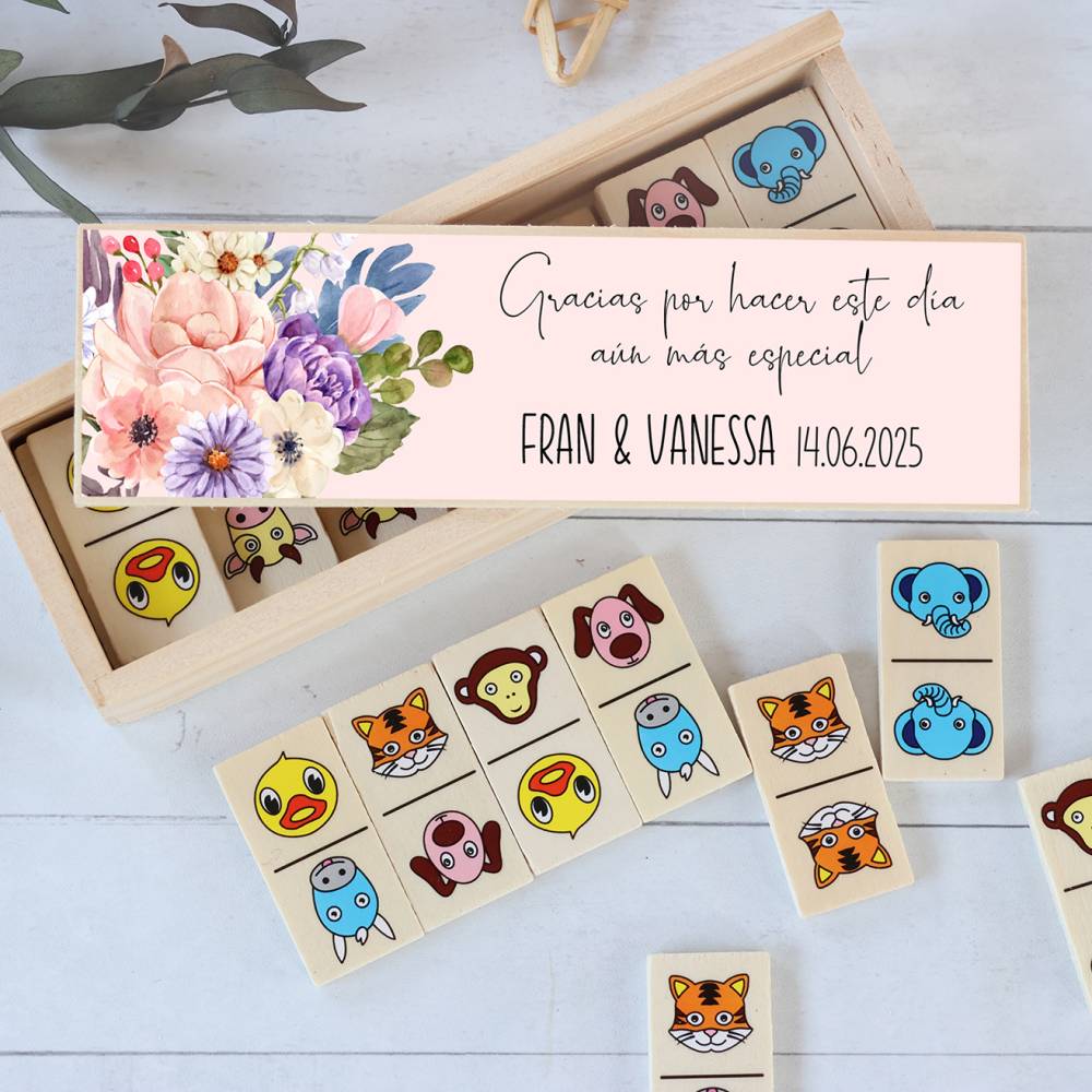 Dominó de animales personalizado con pegatina "Flores" Detalles de boda - Juegos personalizados de boda