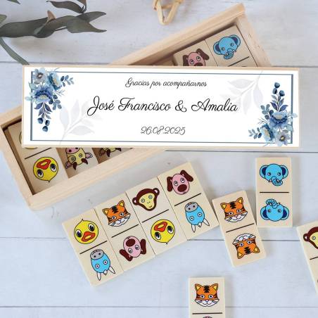 Dominó de animales personalizado con pegatina "Azul" Detalles de boda - Juegos personalizados de boda