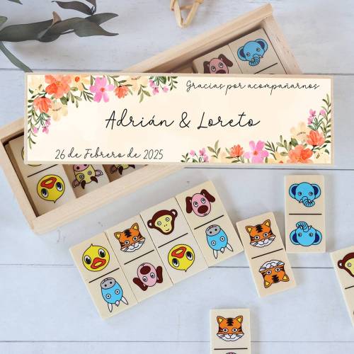 Dominó de animales personalizado con pegatina "Primavera" Detalles de boda - Juegos personalizados de boda