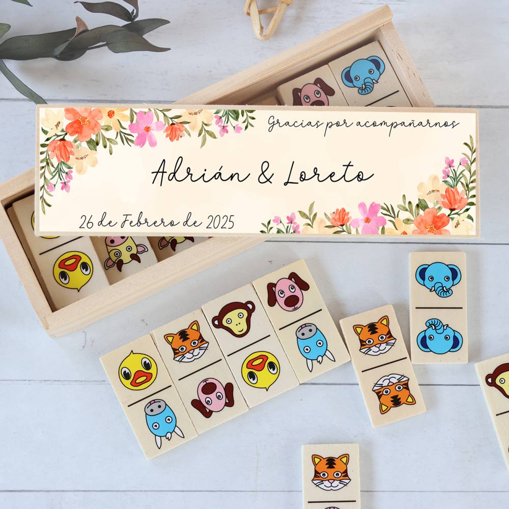 Dominó de animales personalizado con pegatina "Primavera" Detalles de boda - Juegos personalizados de boda