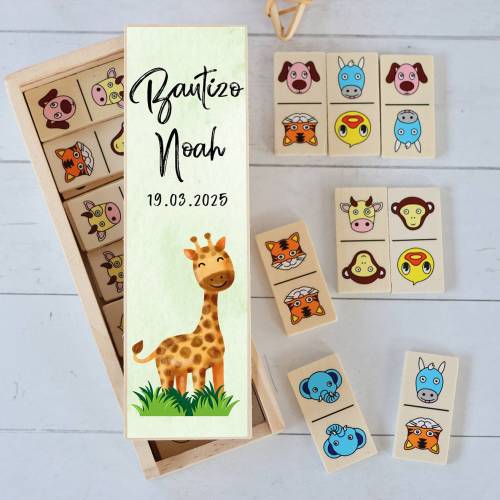 Dominó de animales personalizado con pegatina "Selva" Detalles de bautizo - Juegos personalizados de bautizo