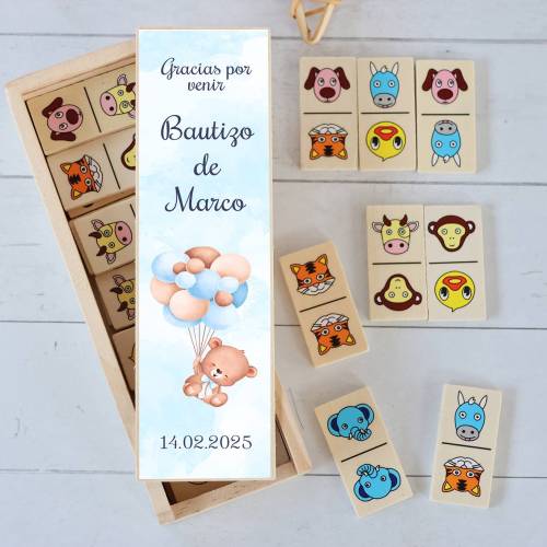 Dominó de animales personalizado con pegatina "Osito azul" Detalles de bautizo - Juegos personalizados de bautizo
