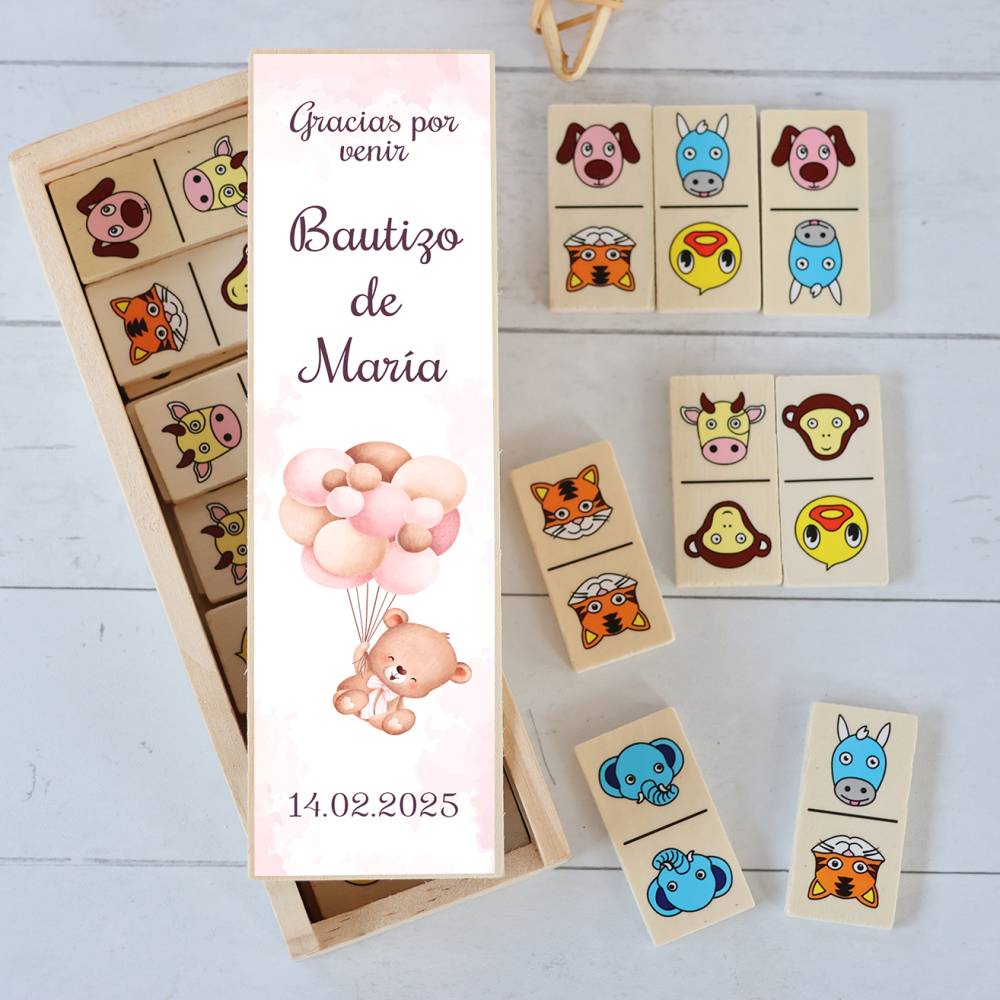 Dominó de animales personalizado con pegatina "Osito rosa" Detalles de bautizo - Juegos personalizados de bautizo