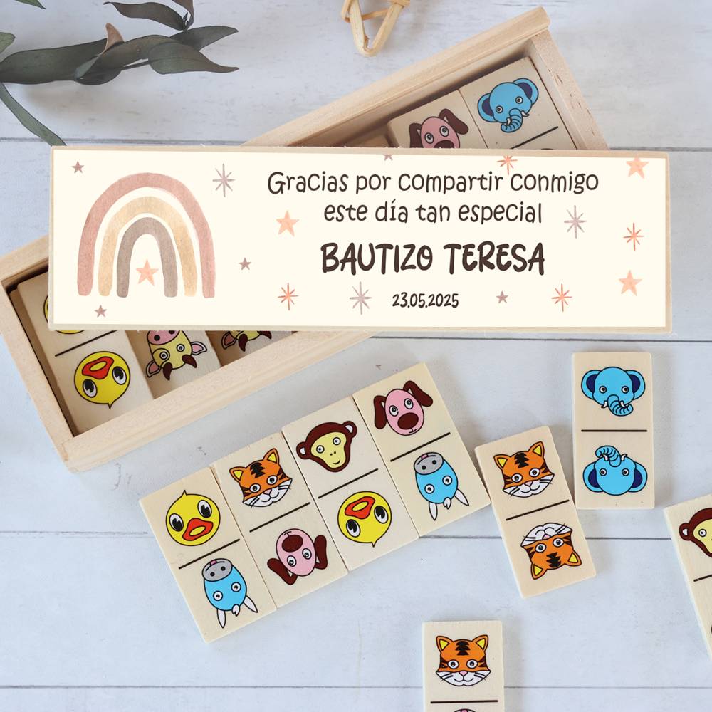Dominó de animales personalizado con pegatina "Arcoiris" Detalles de bautizo - Juegos personalizados de bautizo