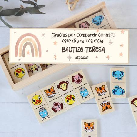 Dominó de animales personalizado con pegatina "Arcoiris" Detalles de bautizo - Juegos personalizados de bautizo