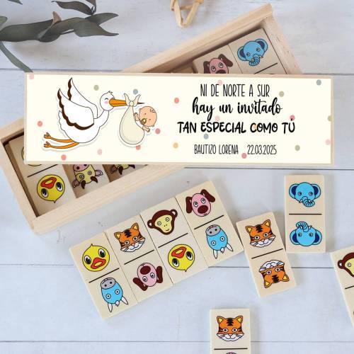 Dominó de animales personalizado con pegatina "Cigüeña" Detalles de bautizo - Juegos personalizados de bautizo