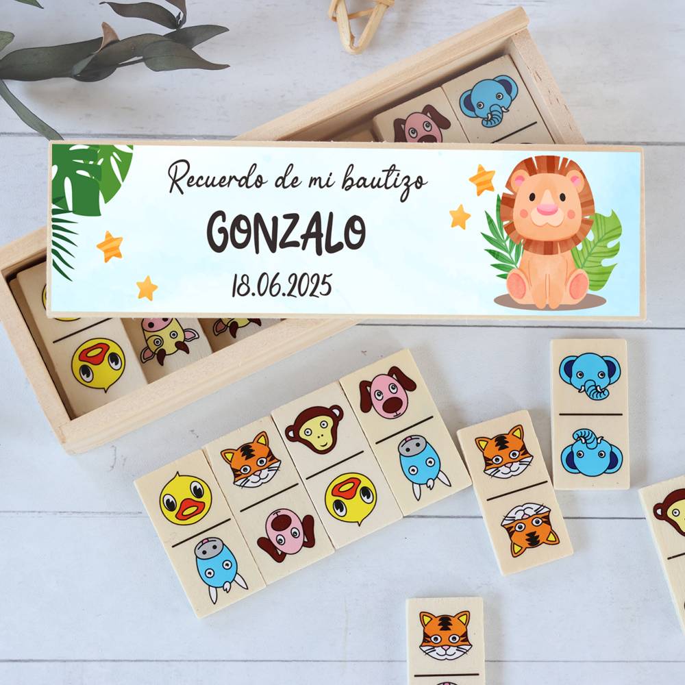 Dominó de animales personalizado con pegatina "León" Detalles de bautizo - Juegos personalizados de bautizo