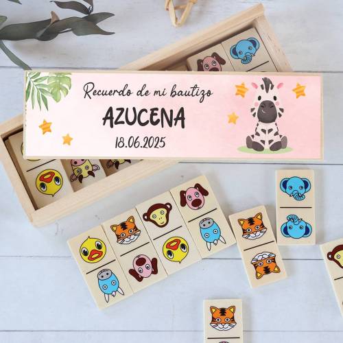 Dominó de animales personalizado con pegatina "Cebra" Detalles de bautizo - Juegos personalizados de bautizo