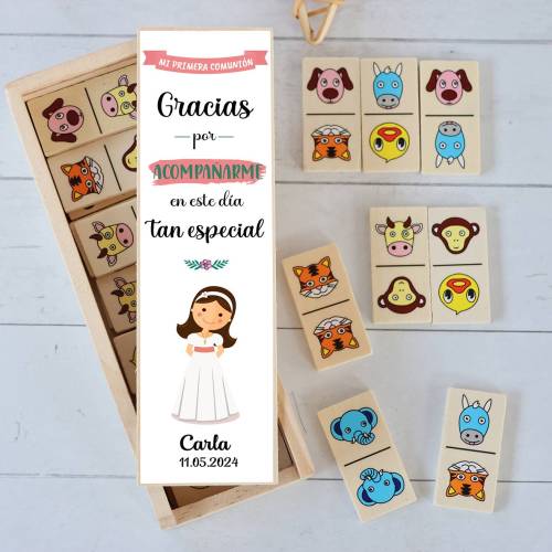 Dominó de animales personalizado con pegatina "Muñeca" Detalles de comunión - Juegos personalizados de comunión