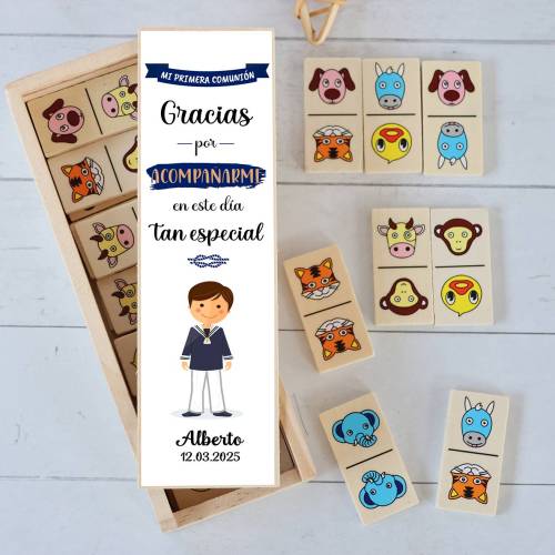Dominó de animales personalizado con pegatina "Muñeco" Detalles de comunión - Juegos personalizados de comunión