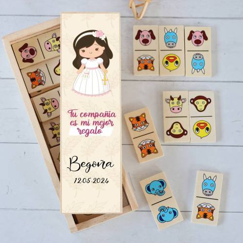 Dominó de animales personalizado con pegatina "Niña beige" Detalles de comunión - Juegos personalizados de comunión